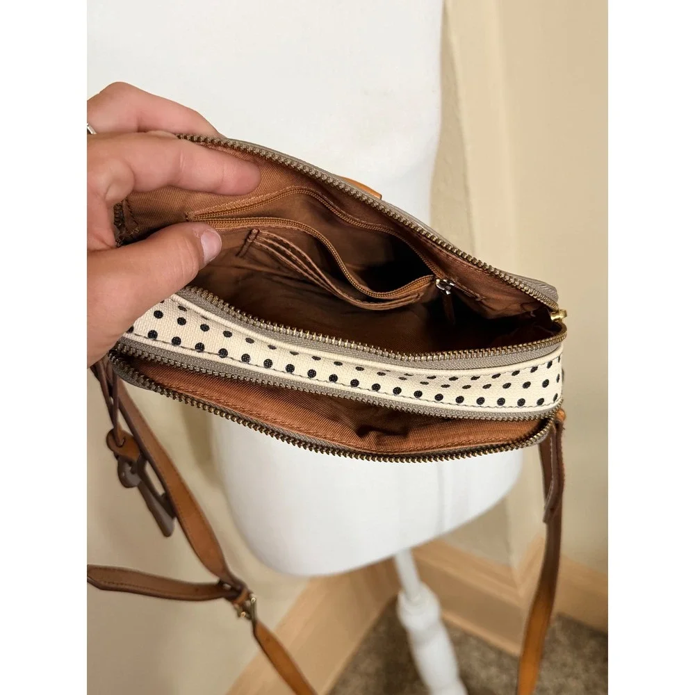 Fossil Polka Dot Coated Canvas Crossbody Bag Tan Leather Trim Triple Zip Pocket